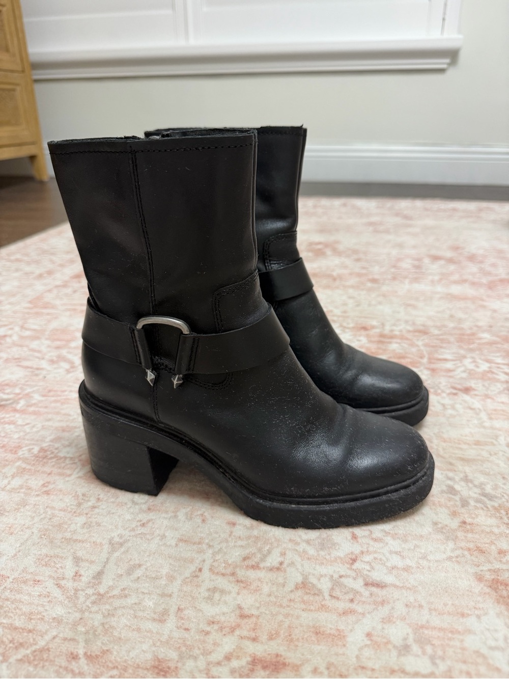 Dolce Vita Black Leather Mid-Calf Heeled Boots with Buckle